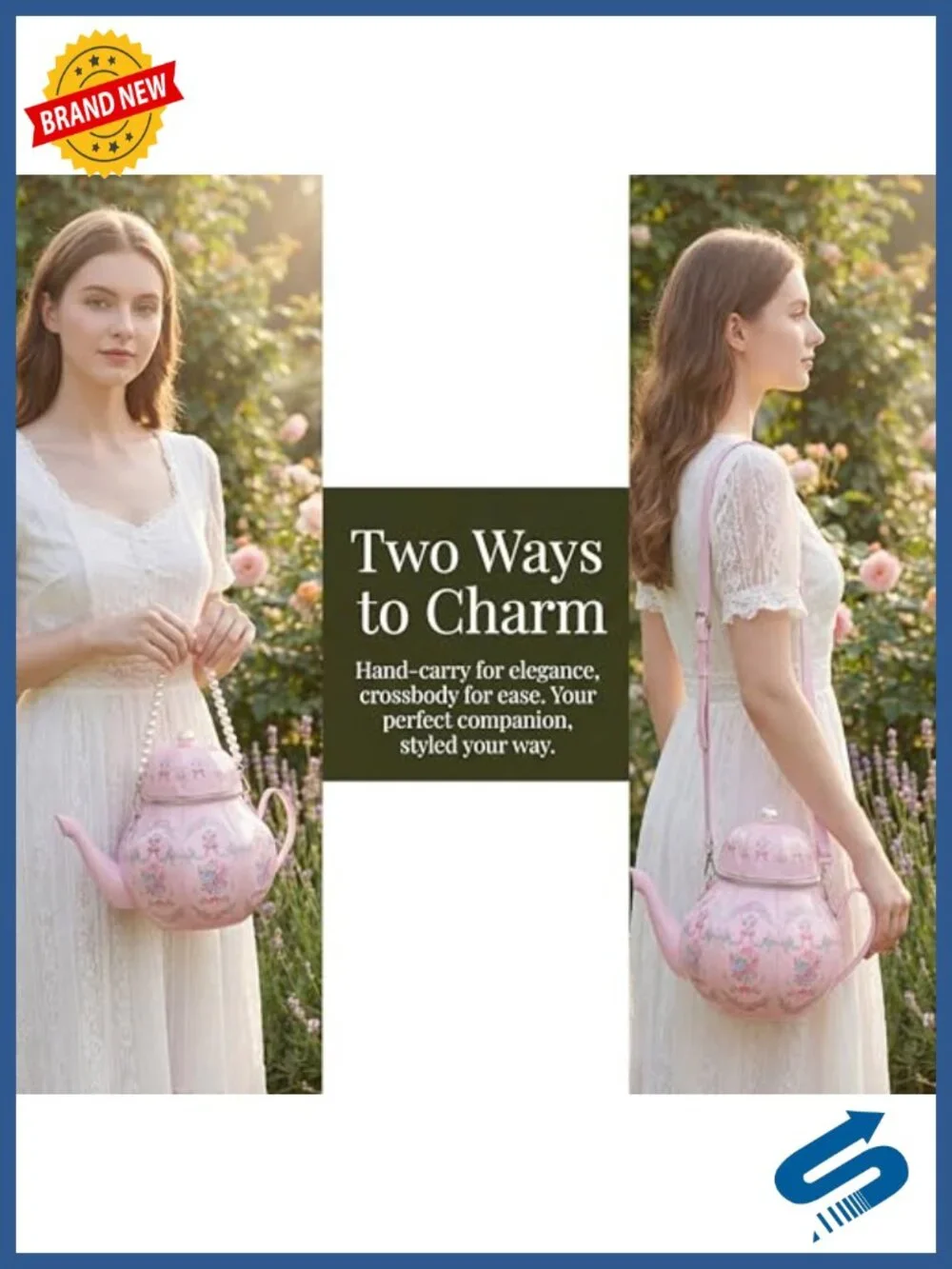 Novelty Teapot Shaped Purse, Faux Leather Floral Handbag with Pearl Chain,